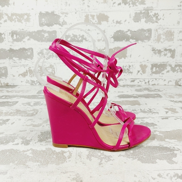 New SCHUTZ Women's Deonne Leather Strappy Hot Pink Wedges C520 - Picture 5 of 15